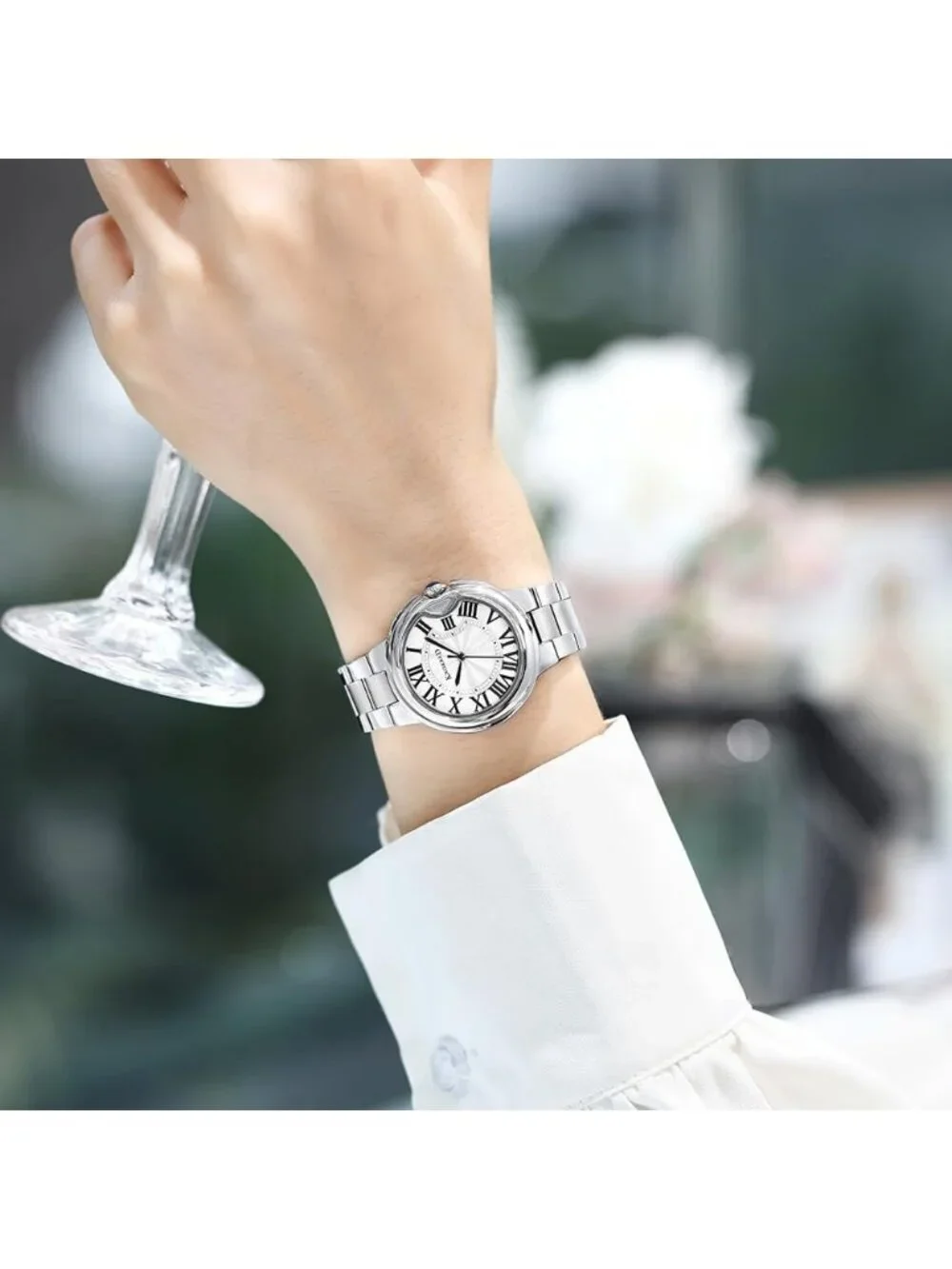 Women's Black Silver Roman Numerals Solid Vintage Stainless Steel Band Watch